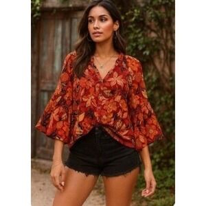 Counterparts Floral Bell Sleeve Blouse Women's Large Rust Orange Bohemian EUC